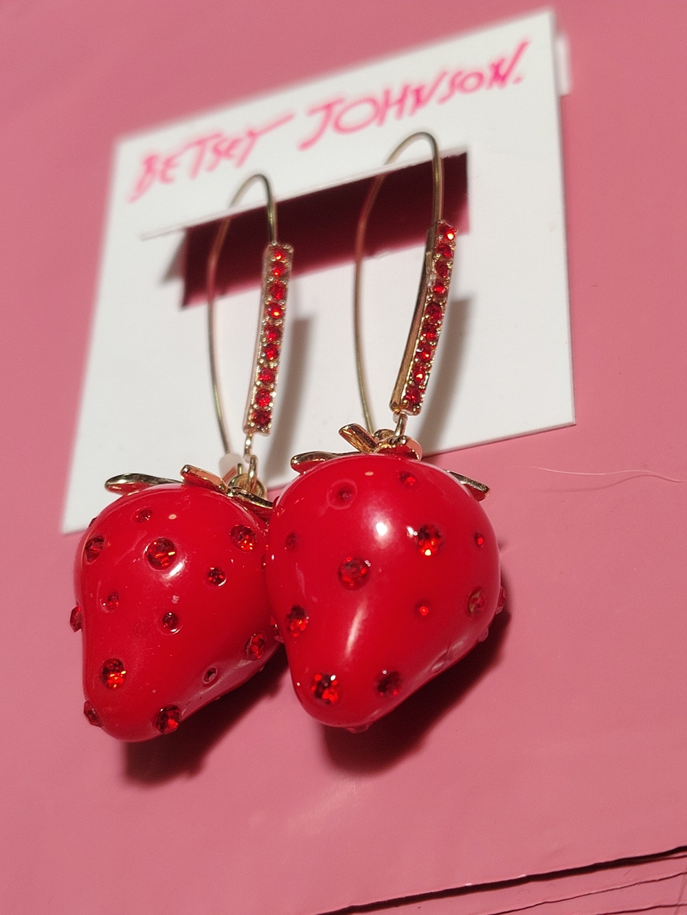 Betsey Johnson Bright Red Strawberry Drop Earrings with Crystal Accents